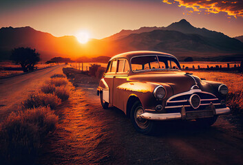 Obraz na płótnie Canvas Vintage car on the countryside road at sunset created with AI