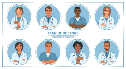 Set of doctors, nurses and paramedics. Medical helping group. Portraits of male and female medical. Vector illustration.