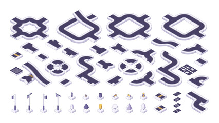 Isometric road elements. City highway constructor segments and road direction warning signs, transport route paths pavement, urban map kit. Vector set. Traffic light, guidepost and markings