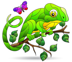 An illustration in the style of a stained glass window with a bright chameleon, an animal isolated on a white background