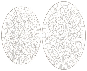 A set of contour illustrations in the style of stained glass with flower bouquets, dark contours on a white background