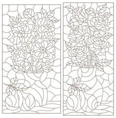 Set of contour illustrations in stained glass style with floral still lifes roses and peony, dark contours on a white background