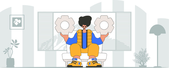 Presentable guy holding gears. Idea theme. Retro trendy style.