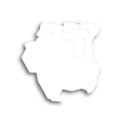 Suriname political map of administrative divisions - districts. Flat white blank map with thin black outline and dropped shadow.
