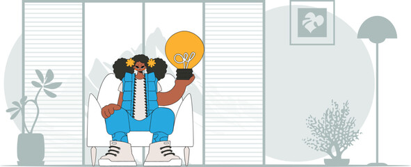 Stylish girl holds a light bulb in her hands. Illustration on the theme of the appearance of an idea.