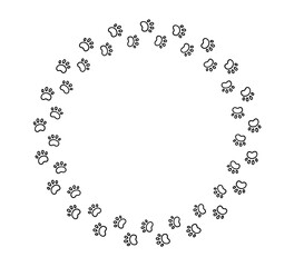 Dog paw print circle frame. Cute cat pawprint frame. Pet foot trail border. Black dog step silhouette. Simple doodle drawing. Vector illustration isolated on white background.
