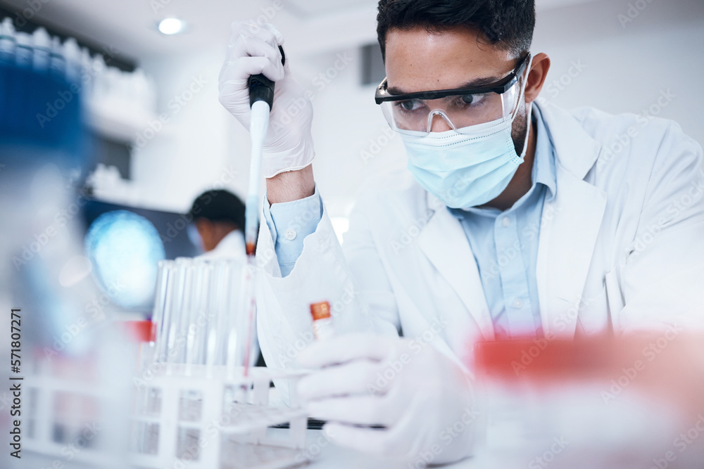 Poster research, scientist and man with test tube, breakthrough and focus on experiment, analysis and in la