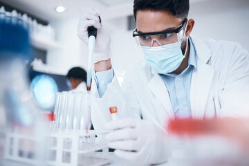 Research, scientist and man with test tube, breakthrough and focus on experiment, analysis and in...