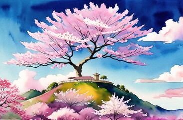 Fototapeta na wymiar Japan Sakura festival of Cherry tree blossom explosion. AI generated landscape for digital printing