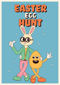 Groovy hippie Happy Easter posters. Easter bunny and egg. Vector card in trendy retro 60s 70s cartoon style.