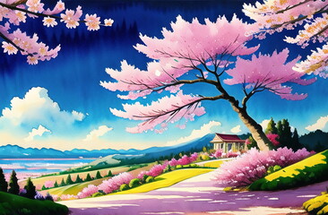 Obraz na płótnie Canvas Japan Sakura festival of Cherry tree blossom explosion. AI generated landscape for digital printing