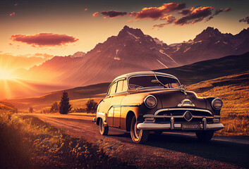 Fototapeta na wymiar Vintage car on the countryside road at sunset created with AI