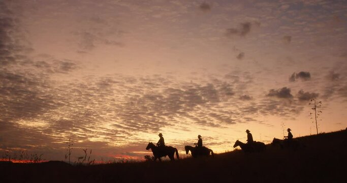 4 cowboys in the early morning light as they ride down a picturesque hill.