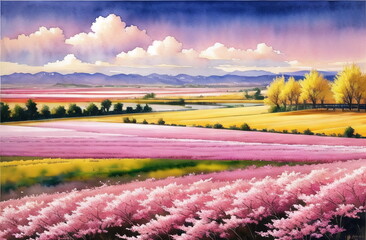 Fototapeta na wymiar Cherry Blossoms Pink Flowers Springtime trees. Fantasy Illustration Painting ai generated Watercolor