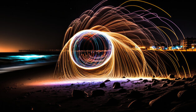 light-painting on a beach in night ,generative AI