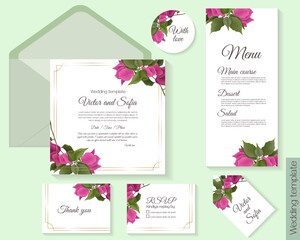 Vector template for wedding invitations. Pink bougainvillea, gold frames. Invitation card, round card, label, thank you, rsvp. 