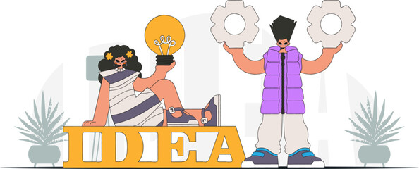 A chic team generates ideas and solves problems. Light bulb and gears in their hands. Idea theme. Retro trendy style.