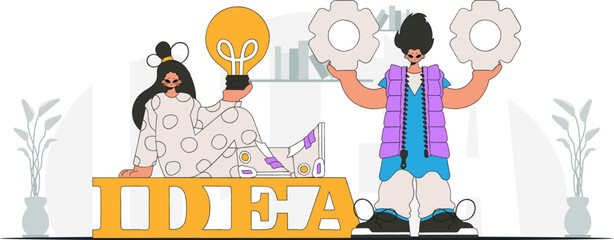 A chic team solves problems and generates ideas. Light bulb and gears in their hands. Illustration on the theme of the appearance of an idea.