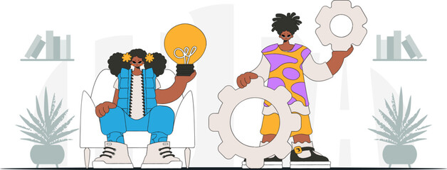 Attractive guy and girl generates ideas and solves problems. Light bulb and gears in their hands. Idea theme. Retro trendy style.