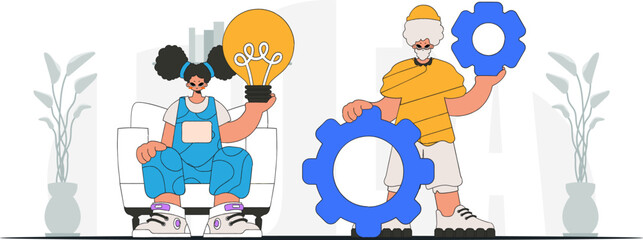 Attractive guy and girl generates ideas and solves problems. Light bulb and gears in their hands. Idea concept. trendy character.
