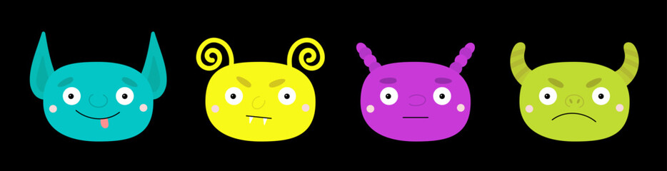 Happy Halloween. Monster face head set line. Cute cartoon kawaii scary funny boo baby character. Colorful silhouette. Different emotion. T-shirt design print. Black background. Flat design.