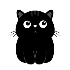Black cat sitting. Sad face head silhouette icon. Funny kawaii doodle animal. Cute cartoon funny baby pet character. Sticker print. Flat design. White background. Isolated.
