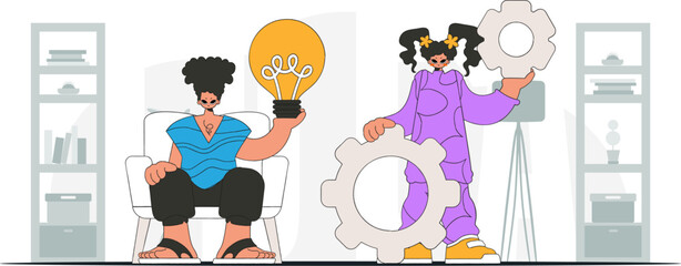 Attractive team generates ideas and solves problems. Light bulb and gears in their hands. Idea theme. Retro trendy style.