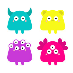 Monster set. Happy Halloween. Cute face little head. Colorful monsters. Cartoon kawaii scary funny character. Different emotion. Baby collection. T-shirt design. White background. Flat design.
