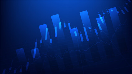 Financial business statistics with bar graph and candlestick chart show stock market price and effective earning on blue background