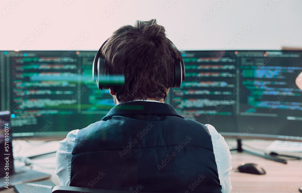 Fototapete Coding, computer screen with man, programmer and web design, software update with information technology and code. Cybersecurity, ux and wifi, headphones and cyber space with programming back view