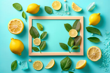 Frame from lemon slices and mint leaves on blue pastel table top view, Generative AI
