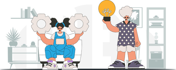 Fashionable guy and girl generates ideas and solves problems. Light bulb and gears in their hands. Illustration on the theme of the appearance of an idea.