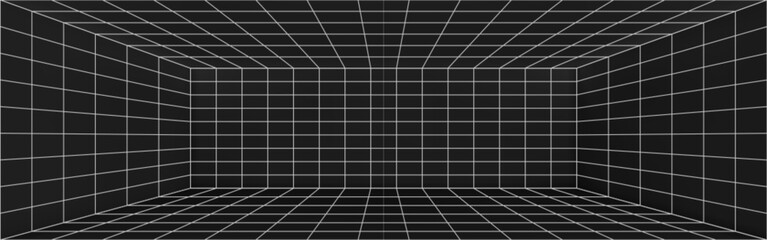 3D perspective of black wireframe room background. Vector realistic illustration of rectangle line grid box interior with walls, ceiling, floor, corners. Abstract virtual space. Cyber dimension