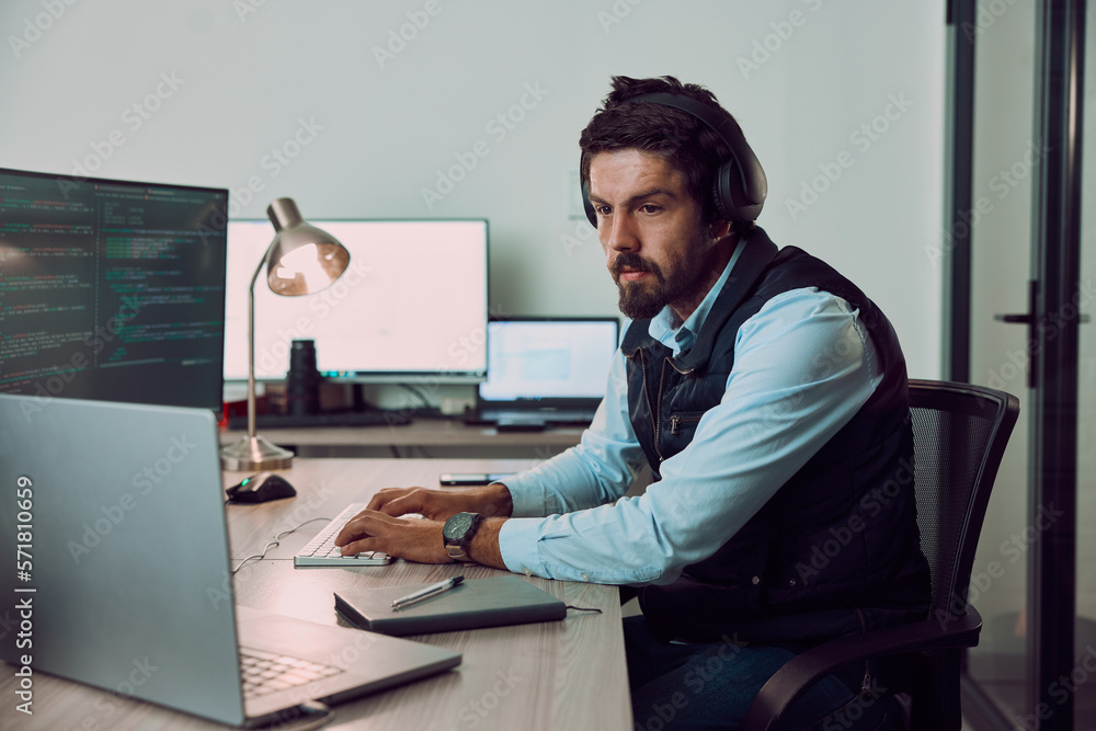 Poster Coding, computer and laptop with man typing, programmer work night for software update, IT and code at desk. Cybersecurity, ux and network with wifi, web design and cyber space with cpu programming