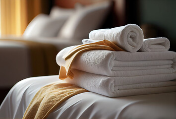 Fototapeta Fresh towels on bed in hotel room created with AI obraz