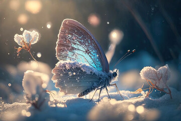 Plakat In ice and snow, A light blue ice butterfly falls in the snow, round the trees, Generative AI