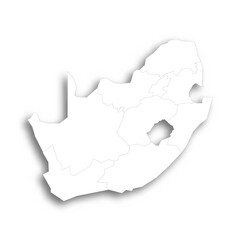 South Africa political map of administrative divisions - provinces. Flat white blank map with thin black outline and dropped shadow.