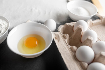 Fresh eggs for baking close-up. Ecological and healthy food.