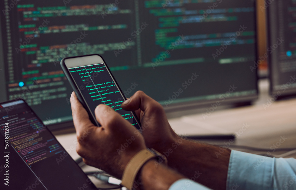 Fototapete Phone in hands, code and man coding, programmer and software update with information technology and screen. Cybersecurity, ux and network with wifi, web design and cyber space with cpu programming