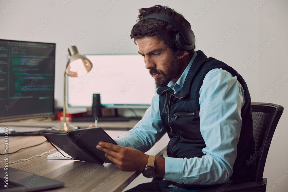 Fototapete Coding, man writing notes and programmer, software update and work night with information technology and code. Cybersecurity, ux and network with wifi, web design and cyber space with cpu programming