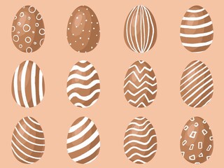 set of Easter eggs icon. Collection of brown Egg with different white texture. Design for happy festive spring day, good for postcards and banners