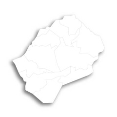 Lesotho political map of administrative divisions - districts. Flat white blank map with thin black outline and dropped shadow.