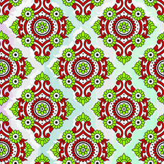 Arabic Ornamental flower Seamless repeat pattern in green and Red color and gradient background suitable for womenswear, wallpapers, and multiple garment products.