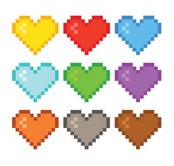 Colorful pixel heart icon set. Heart in 8 bit style. Set of pixel gaming icon in retro style.