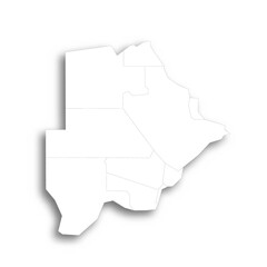Botswana political map of administrative divisions - rural and urban districts. Flat white blank map with thin black outline and dropped shadow.