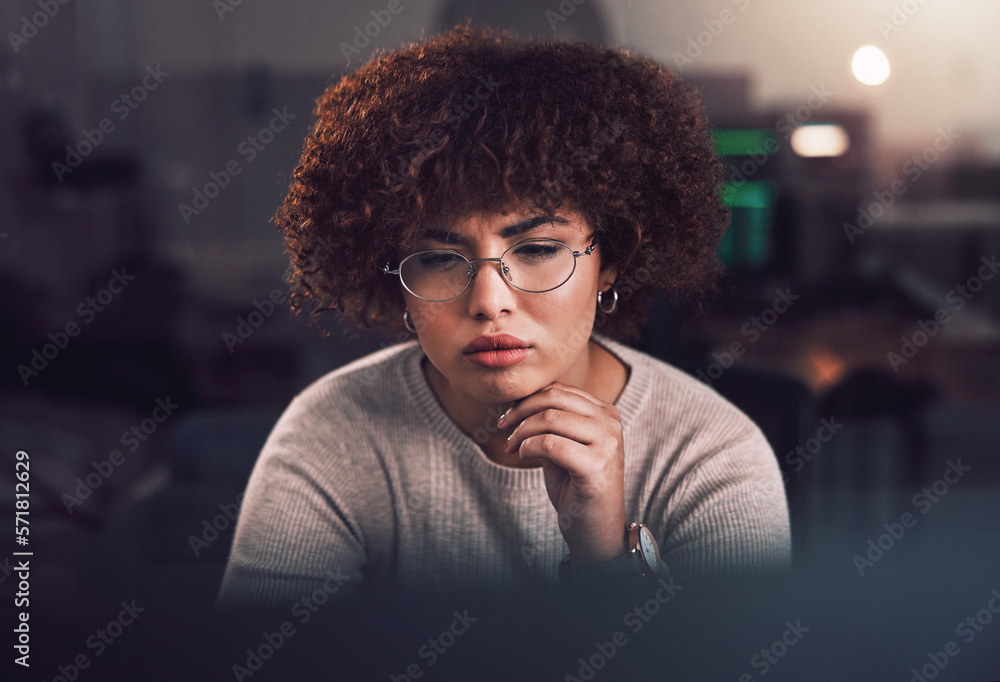 Wall mural night, computer and black woman programmer, software development and cybersecurity analysis. focus, 