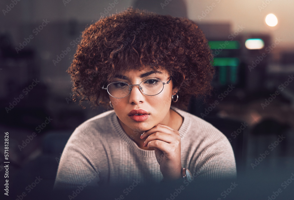 Poster Black woman, face and night business in dark office with glasses for reading or data analysis. Software engineer, IT technician or developer thinking at computer for research on programming or coding