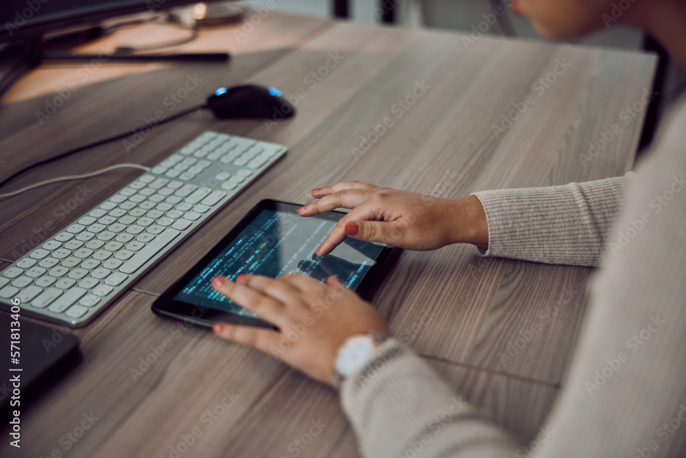 Poster Tablet, hands and programmer screen for coding or programming on desk in office. Information technology, female developer and woman with digital touchscreen for software development in workplace.