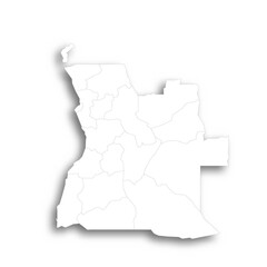 Fototapeta premium Angola political map of administrative divisions - provinces. Flat white blank map with thin black outline and dropped shadow.