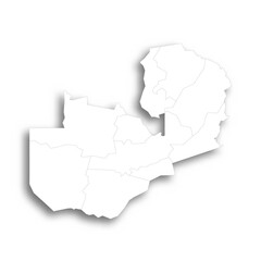 Zambia political map of administrative divisions - provinces. Flat white blank map with thin black outline and dropped shadow.
